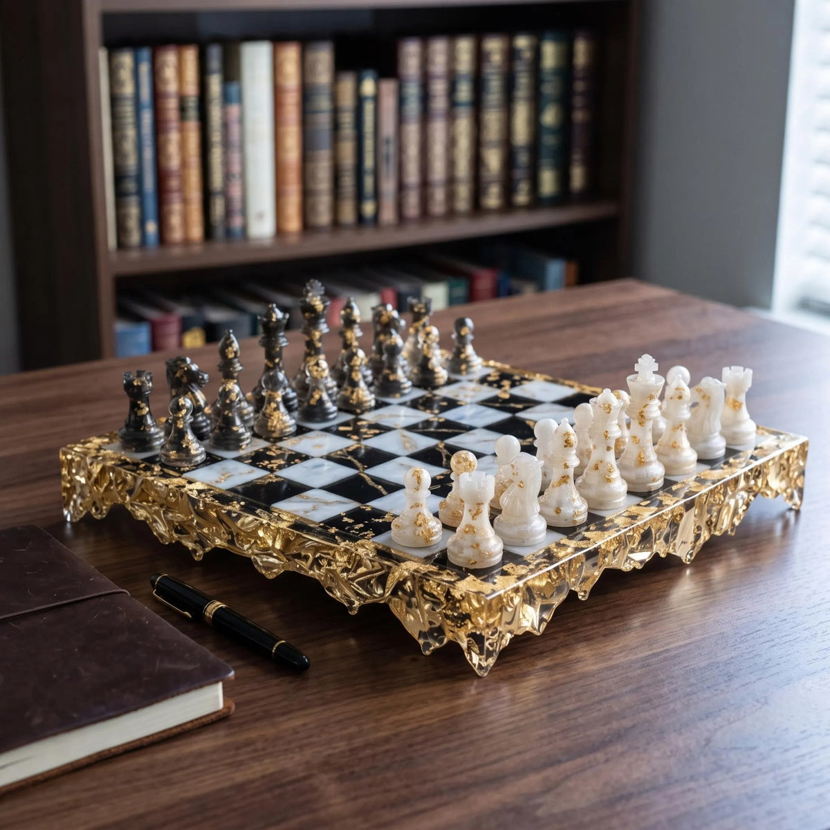 Luxury Resin Chess Set, Black & White Board, Gold Accents
