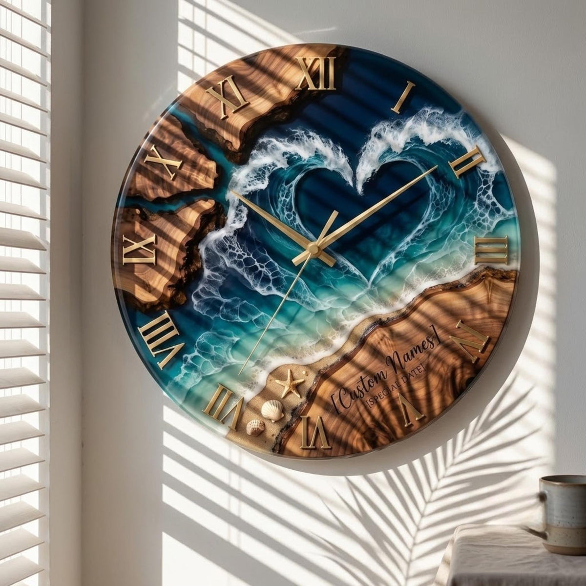 Personalized Heart-shaped Ocean Wave Wood Resin Wall Clock With Roman Numerals