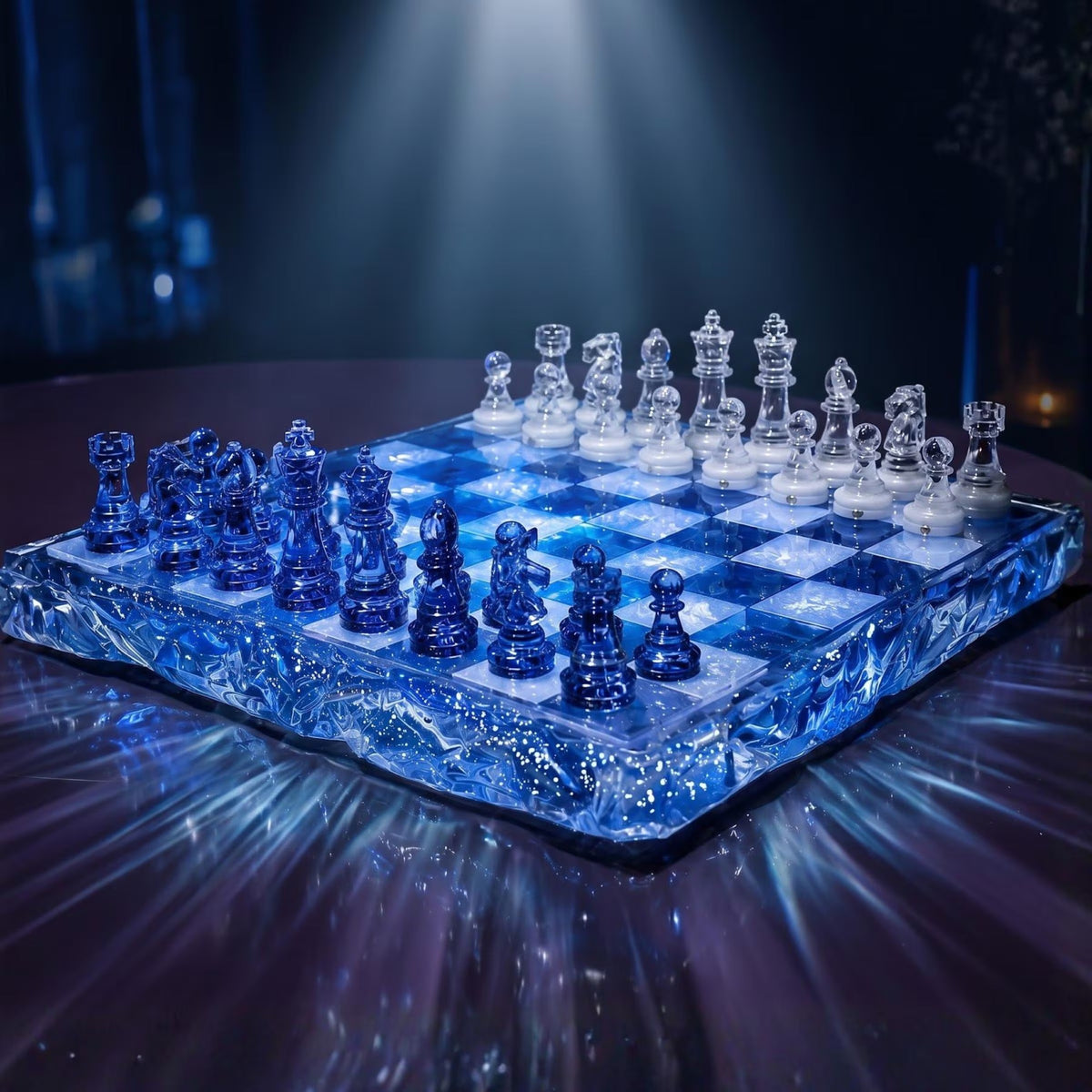 Ocean Blue Clear Epoxy Resin Chess Set With Transparent Blue and White Pieces