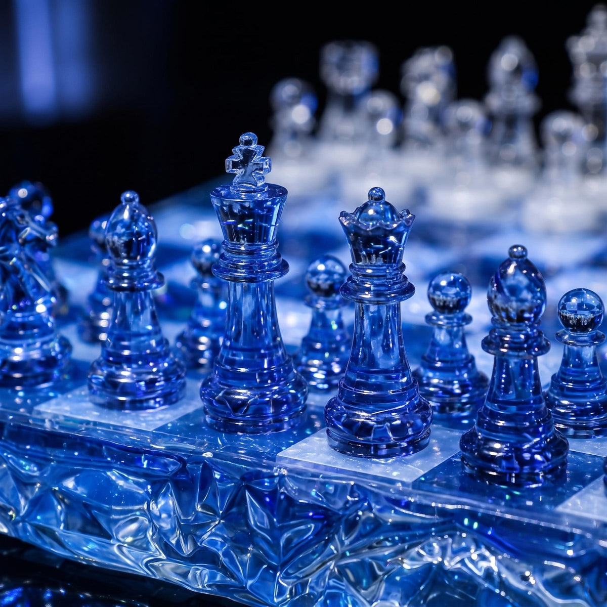 Ocean Blue Clear Epoxy Resin Chess Set With Transparent Blue and White Pieces