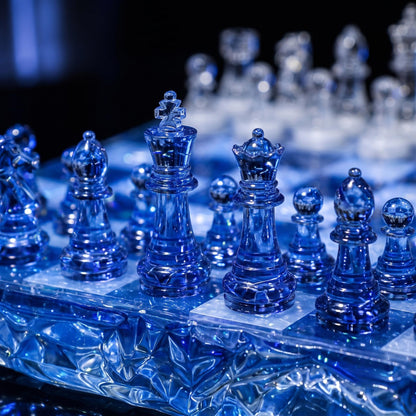 Ocean Blue Clear Epoxy Resin Chess Set With Transparent Blue and White Pieces
