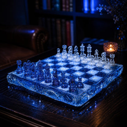 Ocean Blue Clear Epoxy Resin Chess Set With Transparent Blue and White Pieces