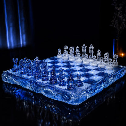 Ocean Blue Clear Epoxy Resin Chess Set With Transparent Blue and White Pieces