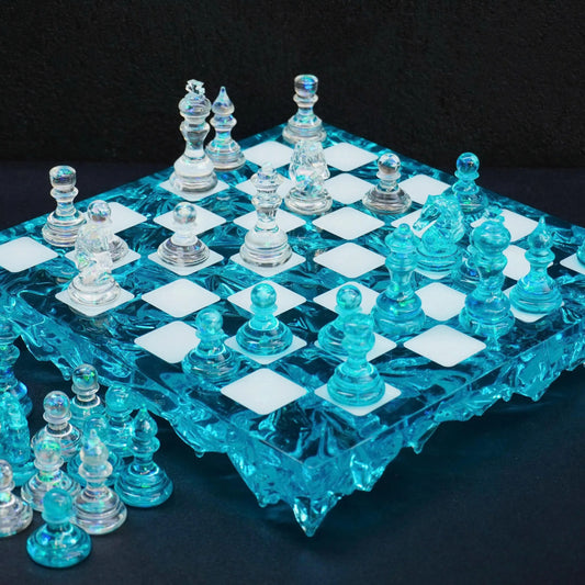 Modernist Crystal Chess Set – Handmade Resin Chess With Wooden Board
