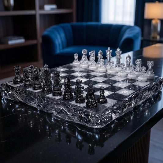 Black and Clear Resin Chess Set With Silver Glitter Board