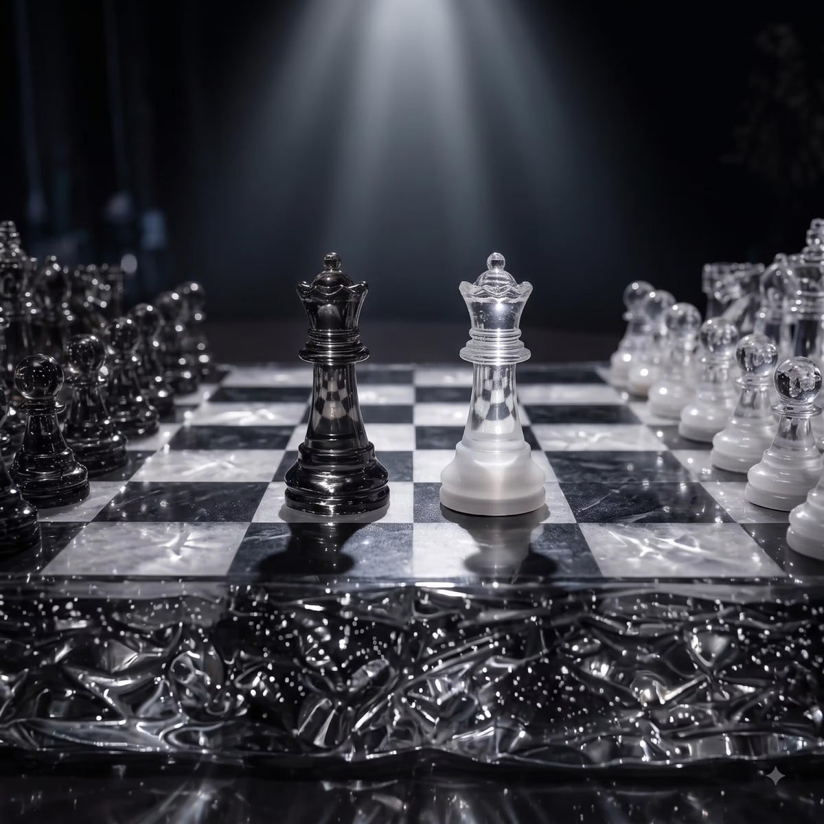 Black and Clear Resin Chess Set With Silver Glitter Board
