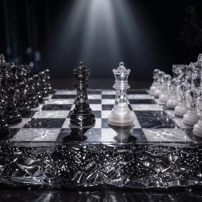 Black and Clear Resin Chess Set With Silver Glitter Board