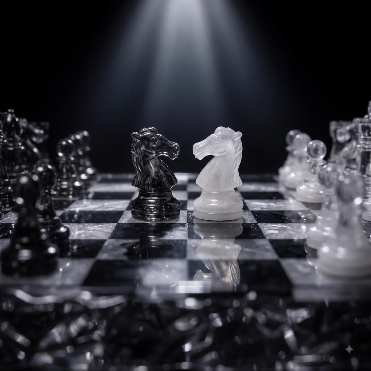 Black and Clear Resin Chess Set With Silver Glitter Board
