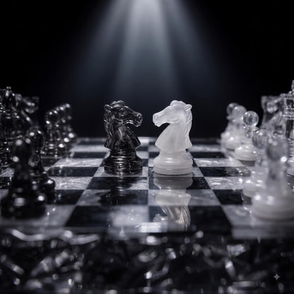 Black and Clear Resin Chess Set With Silver Glitter Board