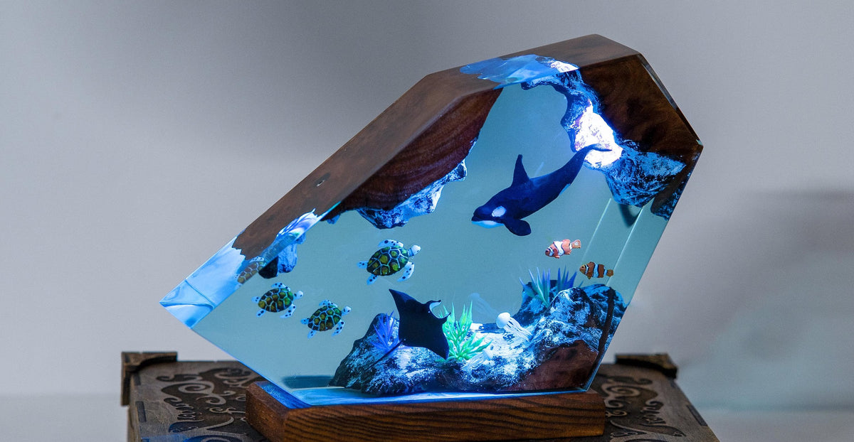 Orca and Turtle Resin Lamp, Ocean Diorama Night Light