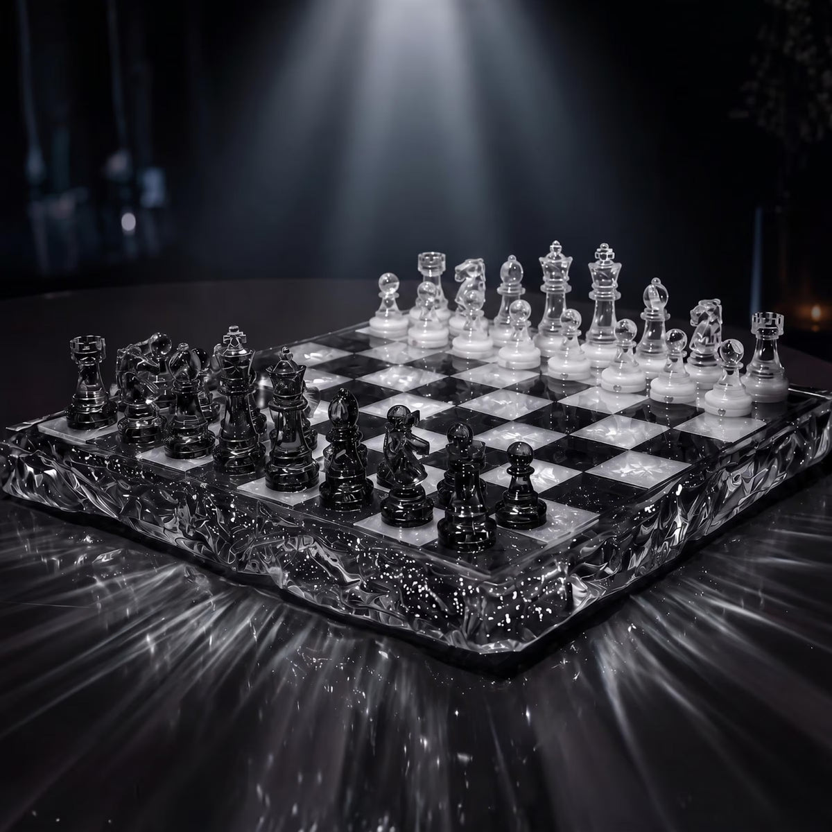 Black and Clear Resin Chess Set With Silver Glitter Board