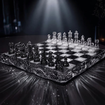 Black and Clear Resin Chess Set With Silver Glitter Board