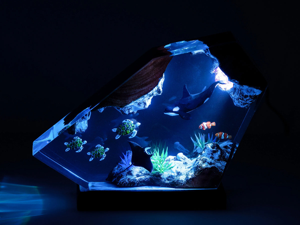 Orca and Turtle Resin Lamp, Ocean Diorama Night Light