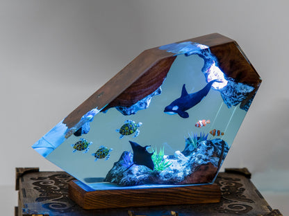 Orca and Turtle Resin Lamp, Ocean Diorama Night Light