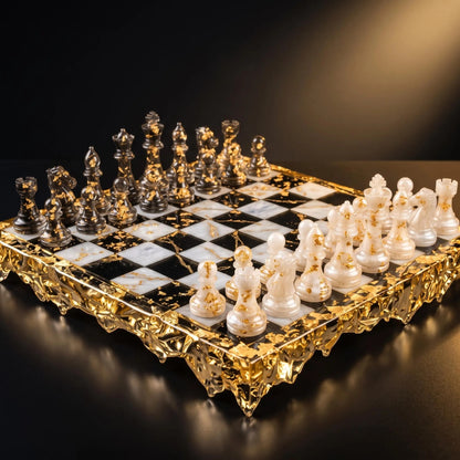 Luxury Resin Chess Set, Black & White Board, Gold Accents