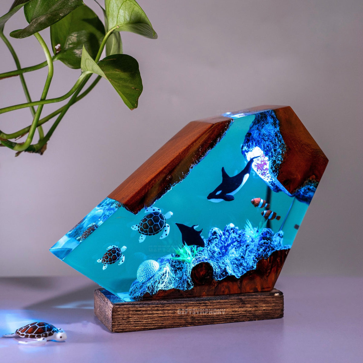 Orca and Turtle Resin Lamp, Ocean Diorama Night Light