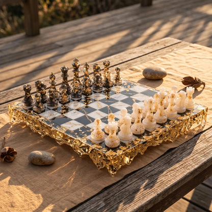 Luxury Resin Chess Set, Black & White Board, Gold Accents