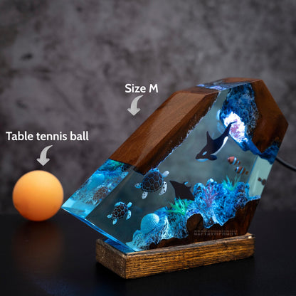 Orca and Turtle Resin Lamp, Ocean Diorama Night Light