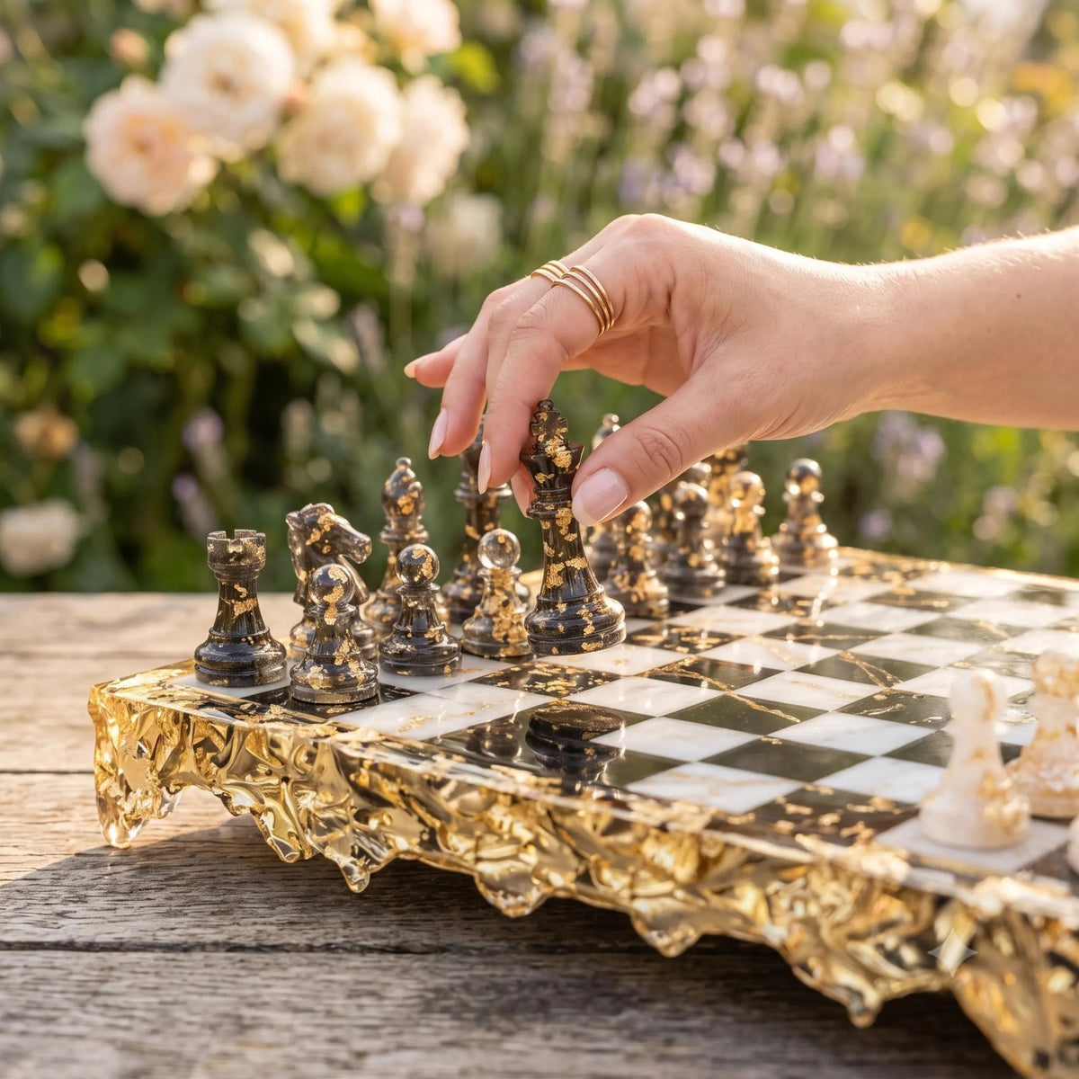 Luxury Resin Chess Set, Black & White Board, Gold Accents