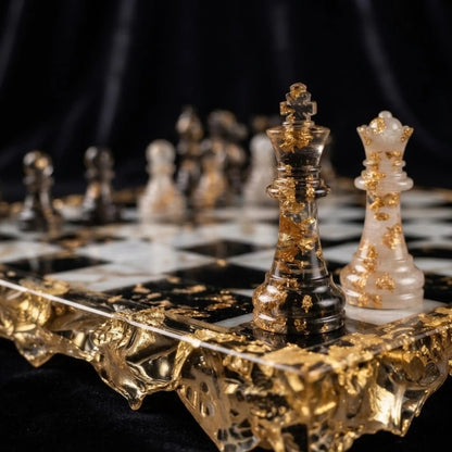 Luxury Resin Chess Set, Black & White Board, Gold Accents