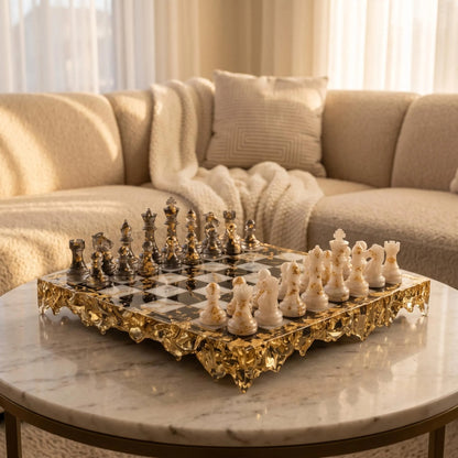 Luxury Resin Chess Set, Black & White Board, Gold Accents