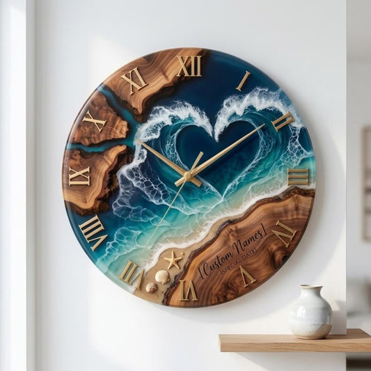 Personalized Heart-shaped Ocean Wave Wood Resin Wall Clock With Roman Numerals