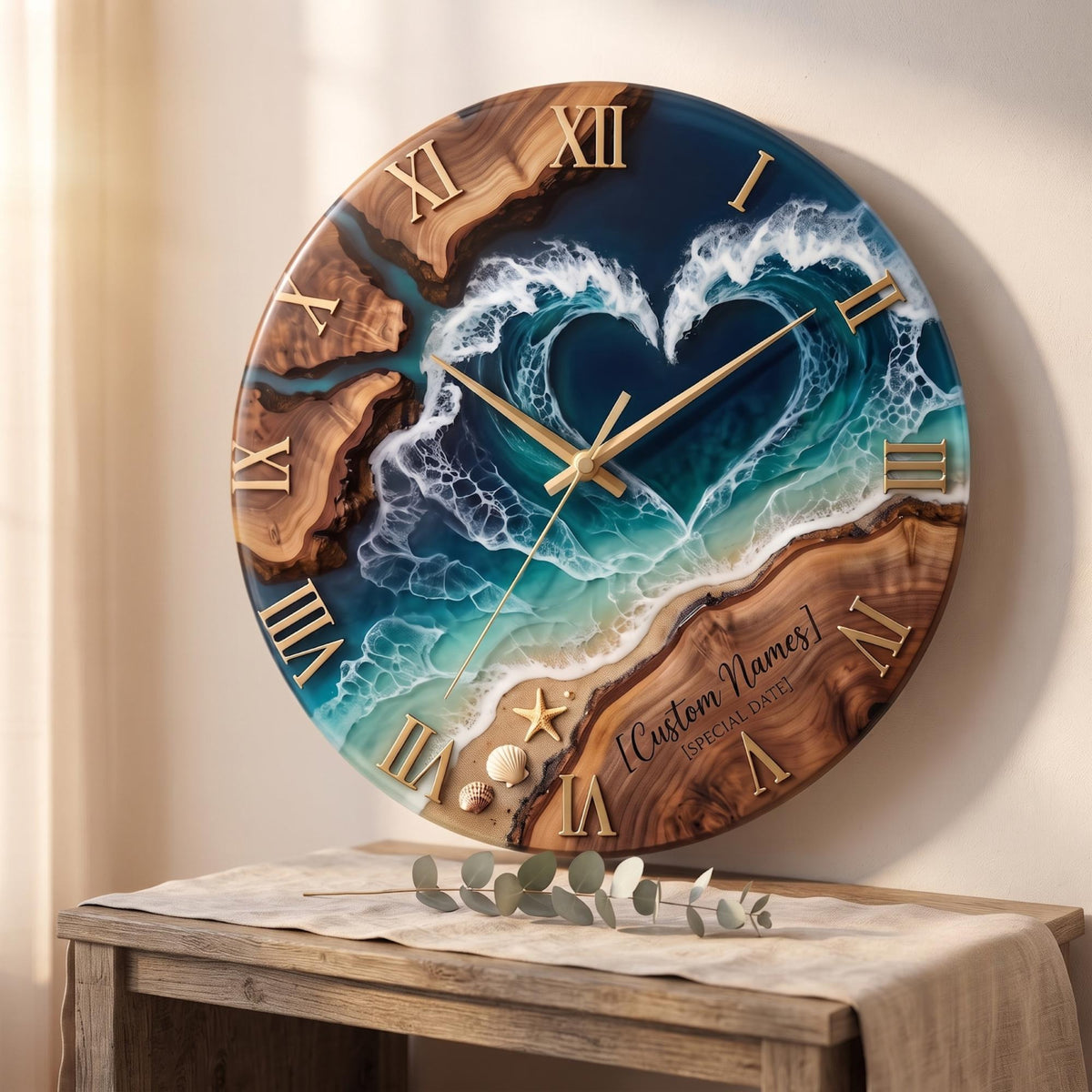 Personalized Heart-shaped Ocean Wave Wood Resin Wall Clock With Roman Numerals