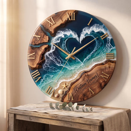 Personalized Heart-shaped Ocean Wave Wood Resin Wall Clock With Roman Numerals