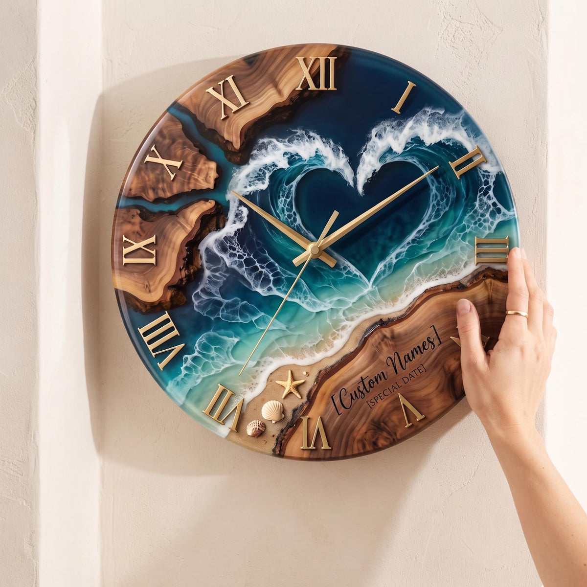 Personalized Heart-shaped Ocean Wave Wood Resin Wall Clock With Roman Numerals