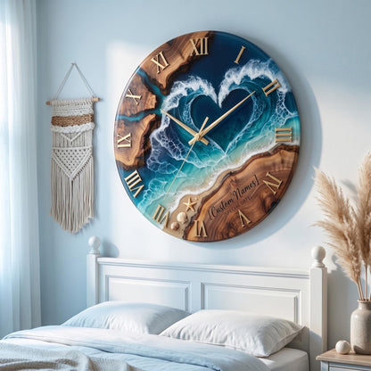 Personalized Heart-shaped Ocean Wave Wood Resin Wall Clock With Roman Numerals