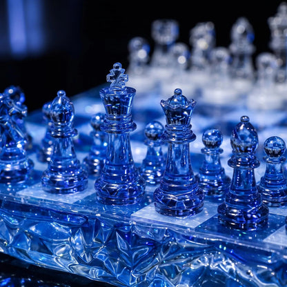 Ocean Blue Clear Epoxy Resin Chess Set With Transparent Blue and White Pieces